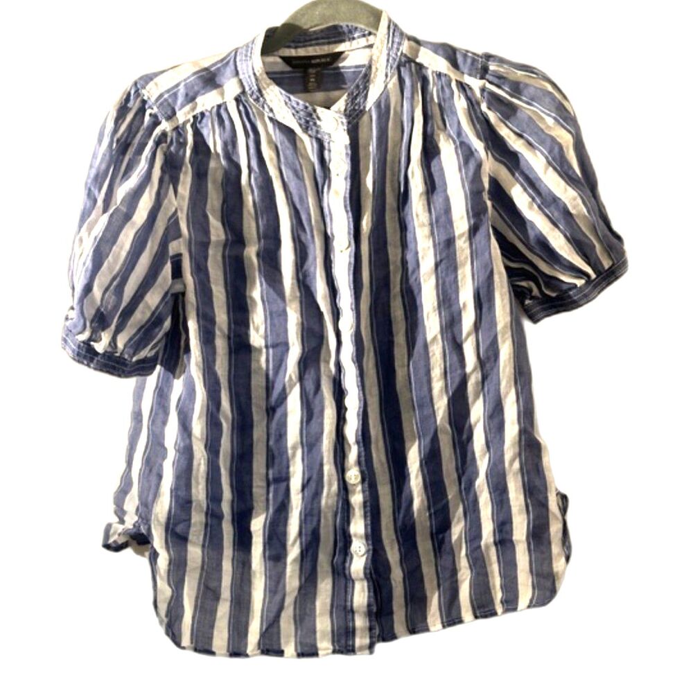 Banana Republic Petite XS Striped Blouse Blue White Button Front Puff Sleeve